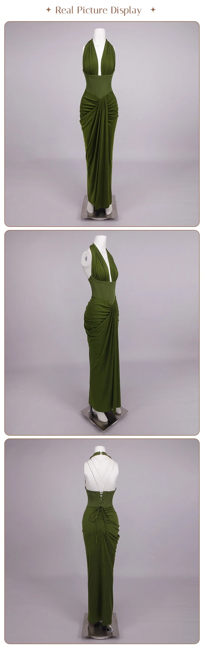 Olive Green Corset Ruched Maxi Dress