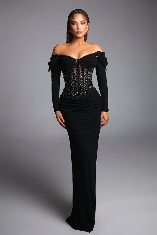 Porsha Satin Sequins Maxi Dress