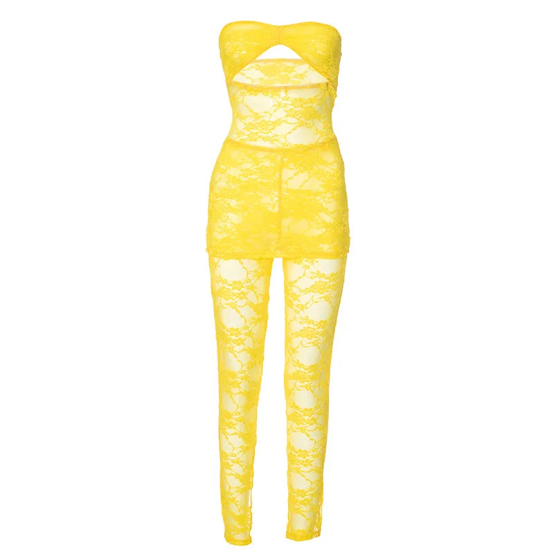 Lacey Yellow Mesh Pants Set