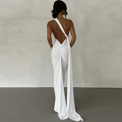 Oblique Backless Ruched Maxi Dress