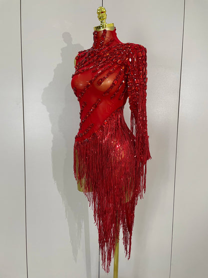 Iris Rhinestone Mesh Tassel Dress