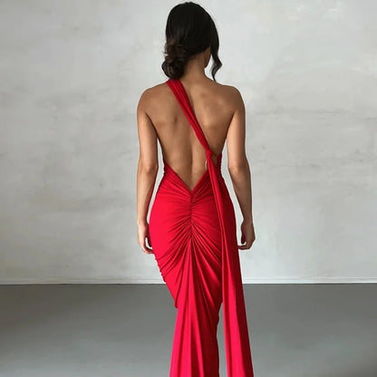 Oblique Backless Ruched Maxi Dress