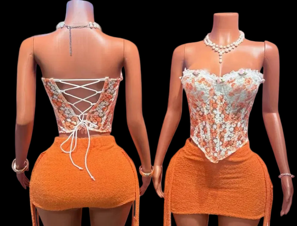Floral Embroidery Corset Skirt Set