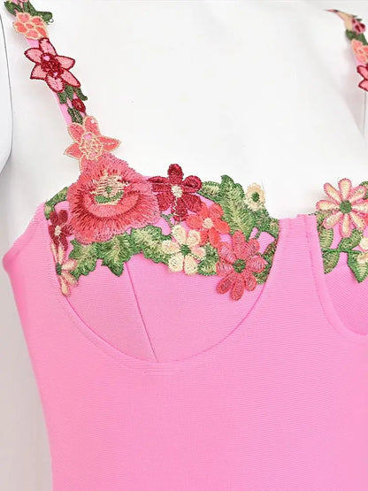 Pink Embroidery Bandage Mini Dress