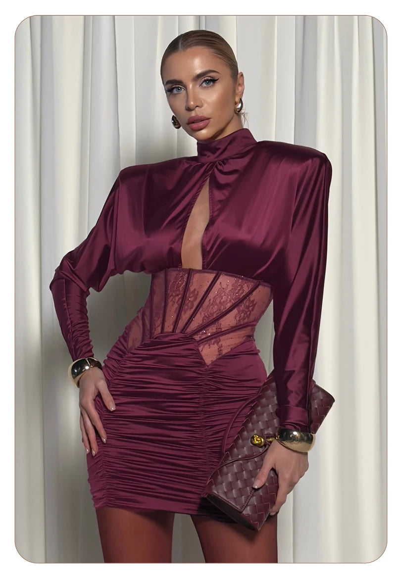 Burgundy Satin Corset Ruched Dress