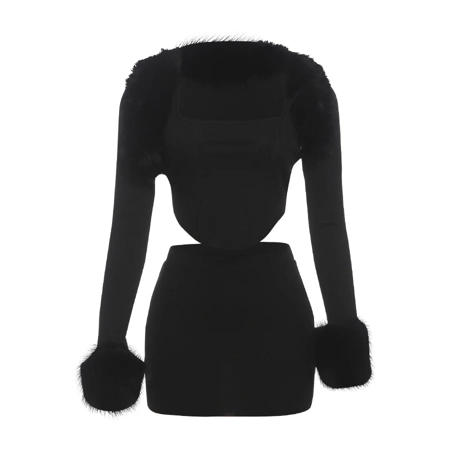Fur Shawl Top Skirt Set