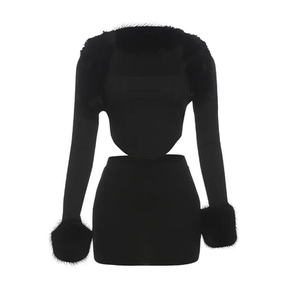 Fur Shawl Top Skirt Set