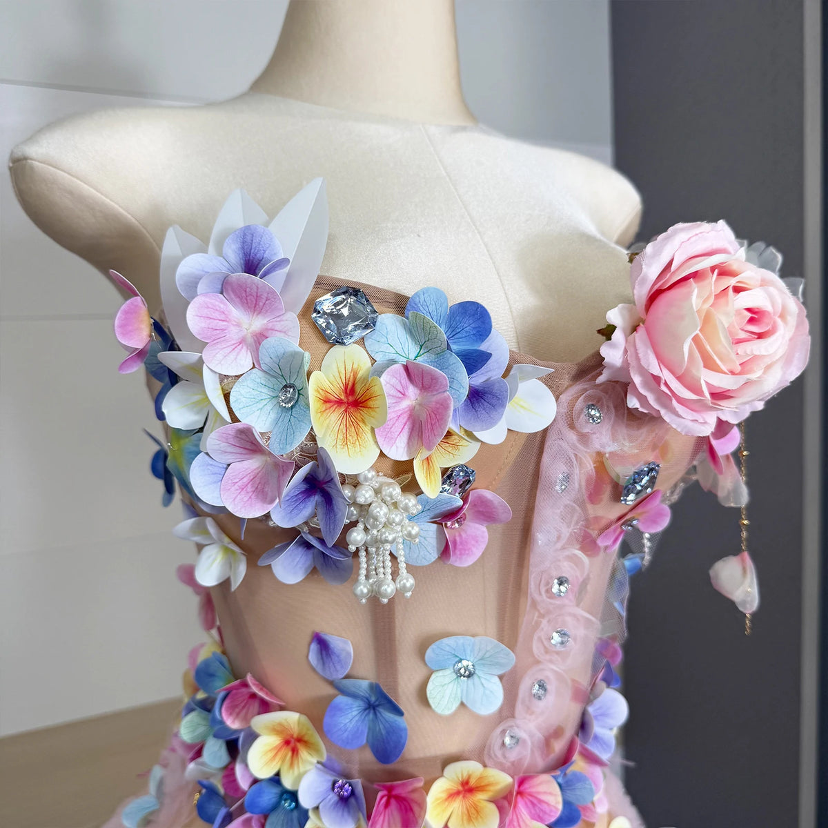 Garden Petal Rhinestone Mesh Dress