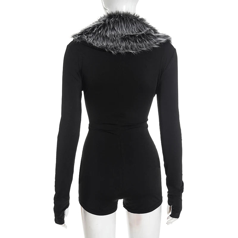 Luxe Fur Deep V-Collar Romper