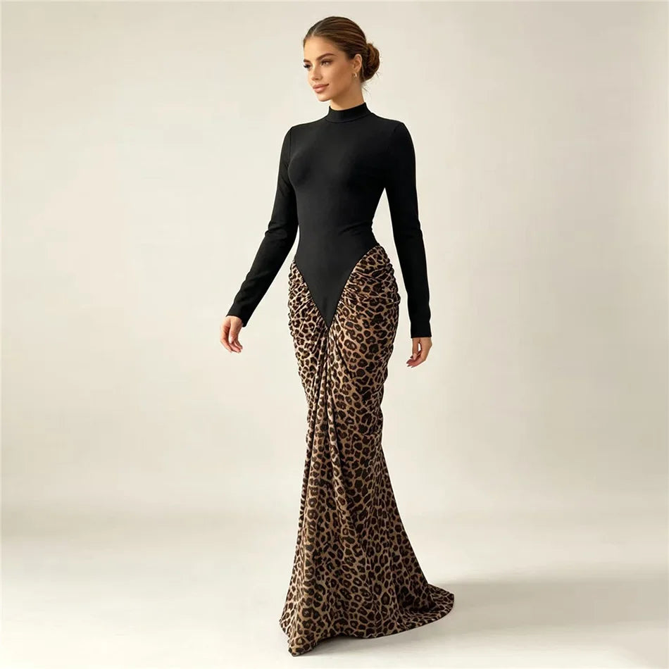 Leopard Pleated Bandage Maxi Dress