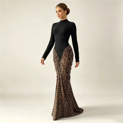 Leopard Pleated Bandage Maxi Dress
