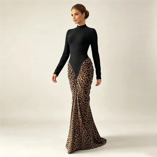 Leopard Pleated Bandage Maxi Dress