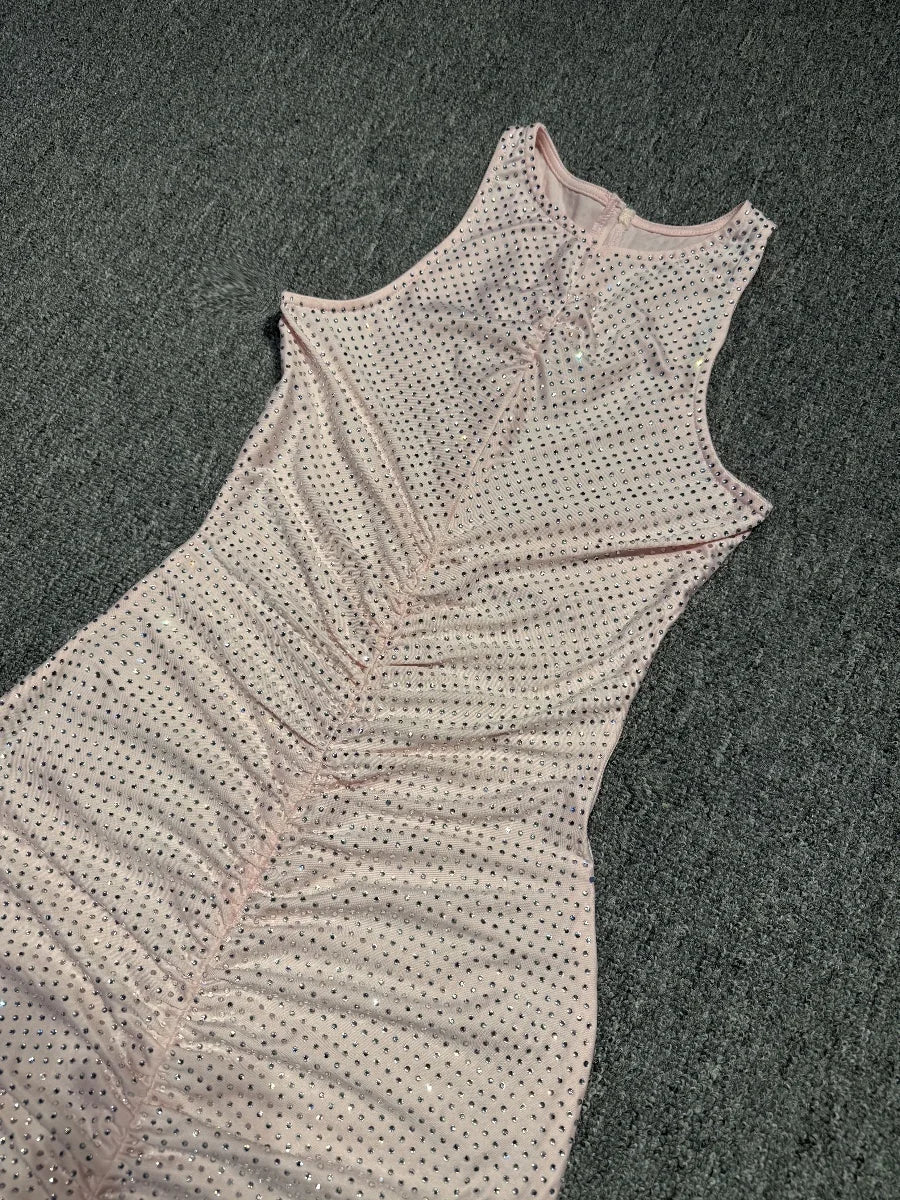 Pink Embellished Ruched Maxi Dress