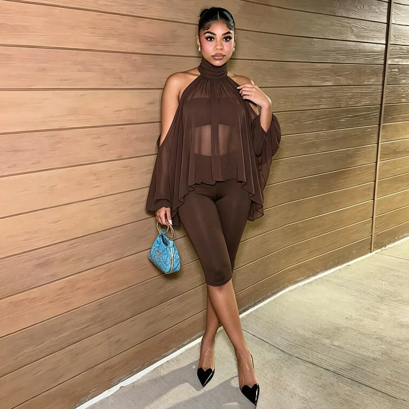 Turtleneck Sheer Chiffon Capris Set