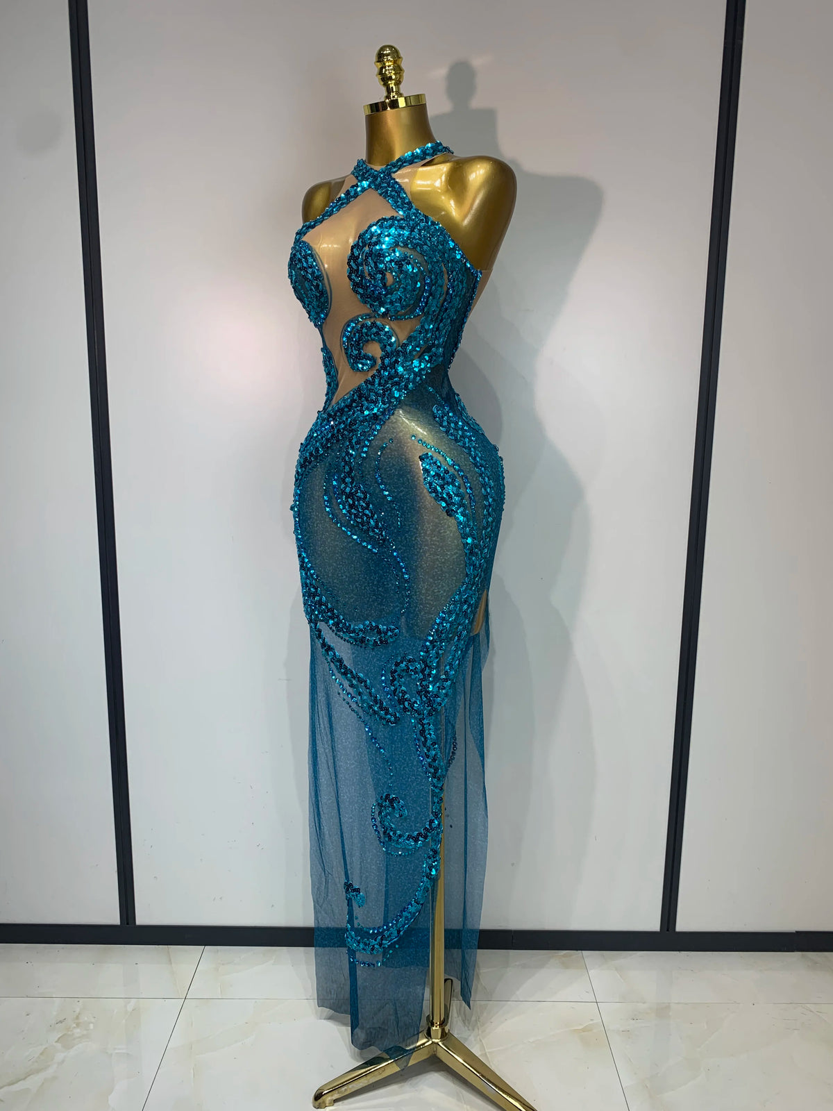 Blue Rhinestone Sequins Mesh Maxi Dress