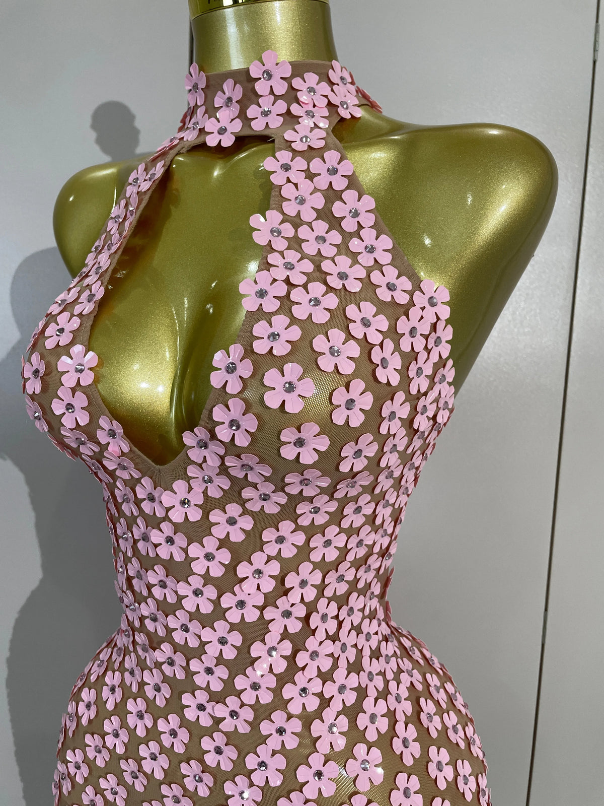 Pink Flower Sequin Mesh Dress