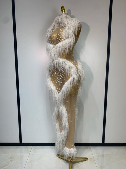 Pearl Crystal Mesh Tassel Maxi Dress