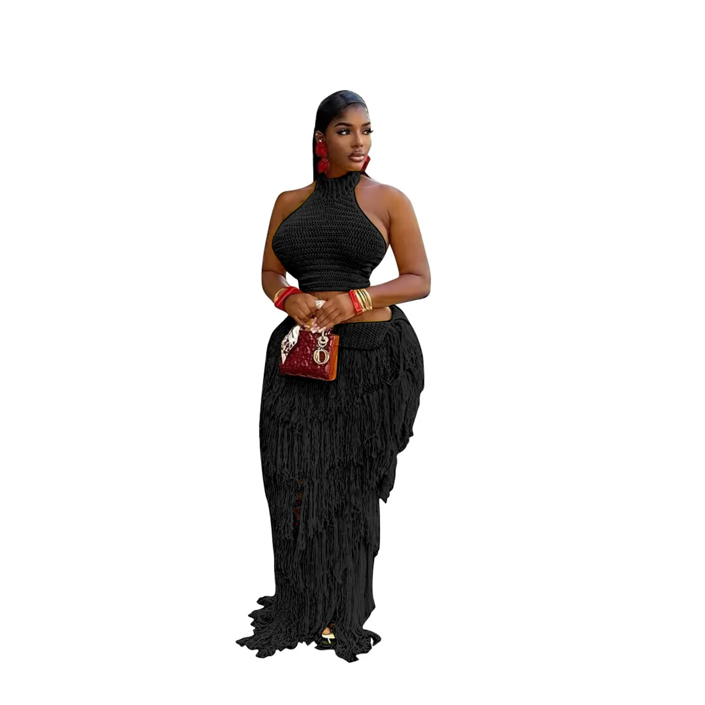 Olina Crochet Knit Tassel Skirt Set