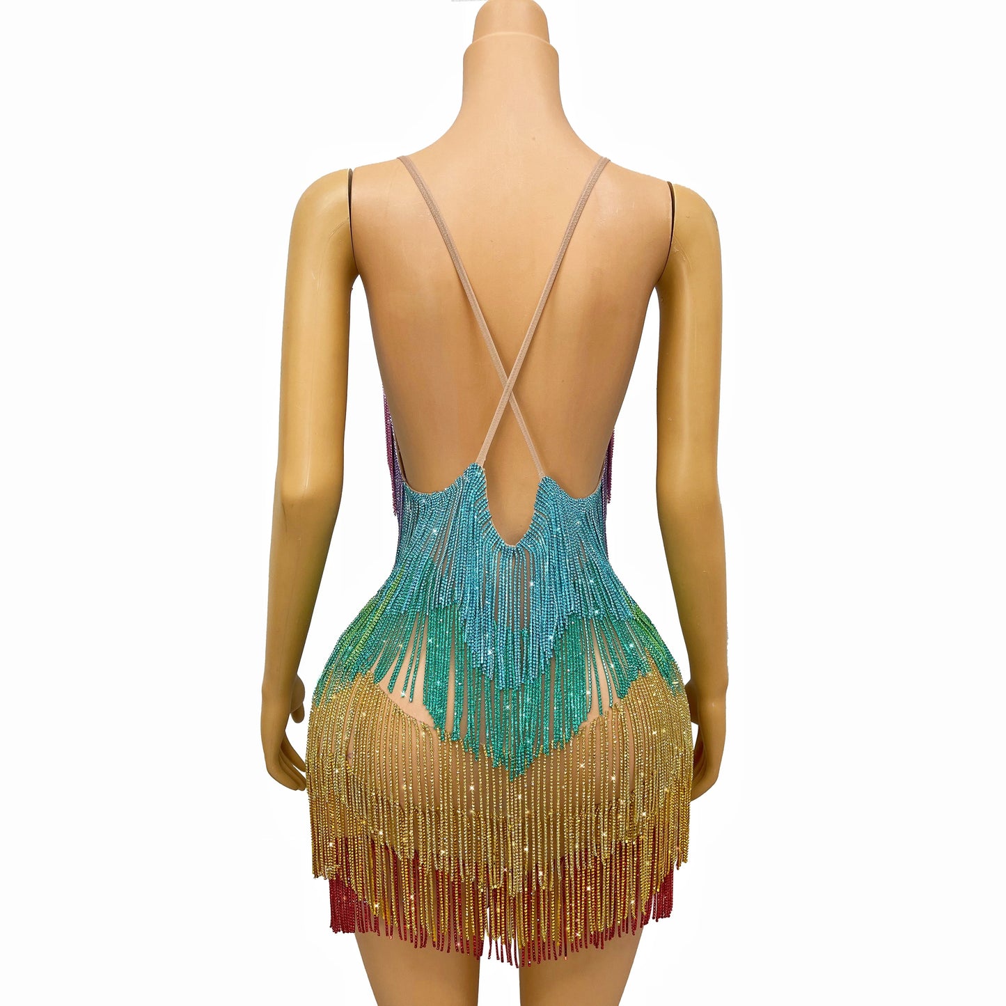 Blingbling Rainbow Tassel Fringe Mini Dress