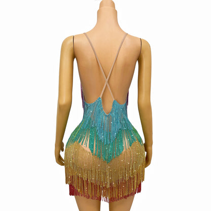 Blingbling Rainbow Tassel Fringe Mini Dress
