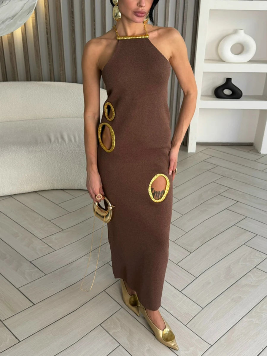Gold Trim Cutout Knit Maxi Dress