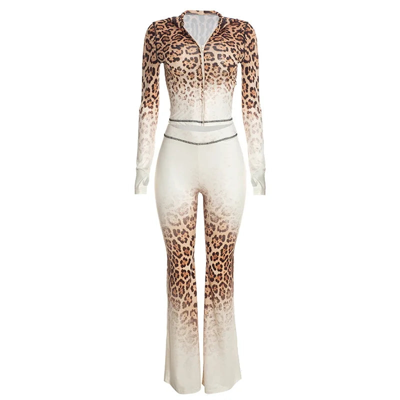 Gradient Leopard Hooded Flared Pants Set