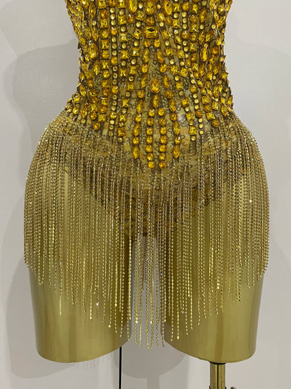 Golden Rhinestone Mesh Bodysuit