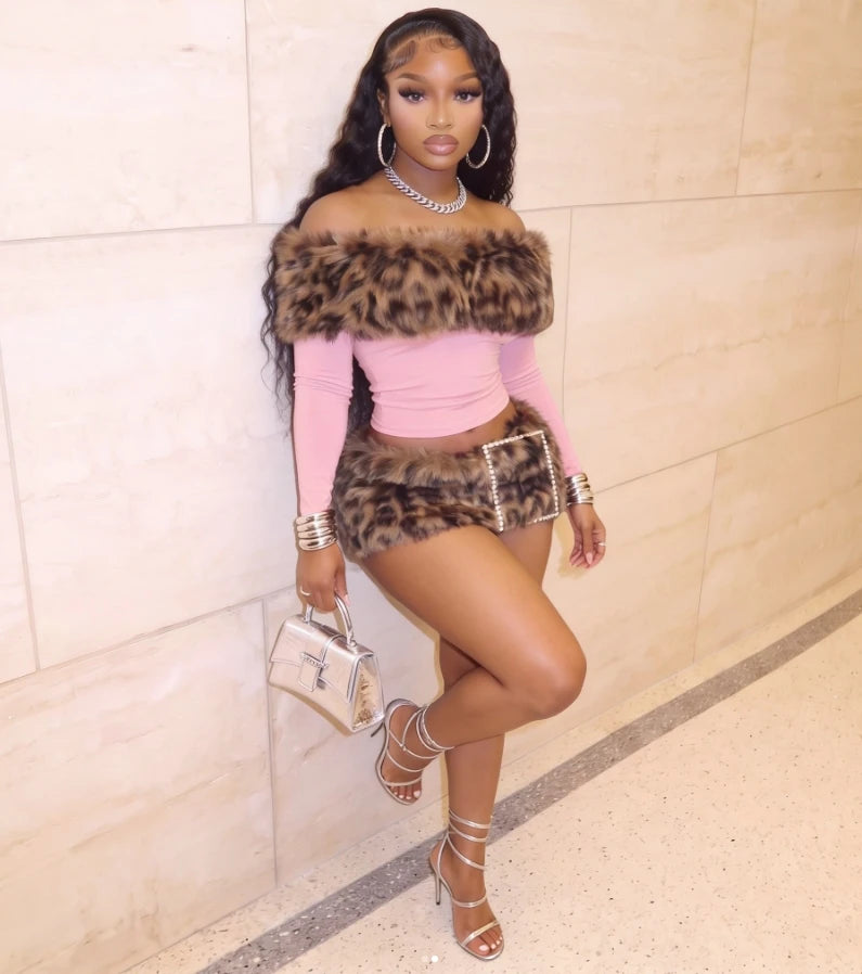 Leopard Fur Mini Skirt Set