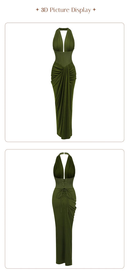 Olive Green Corset Ruched Maxi Dress