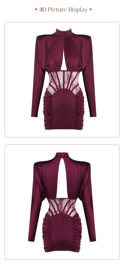 Burgundy Satin Corset Ruched Dress