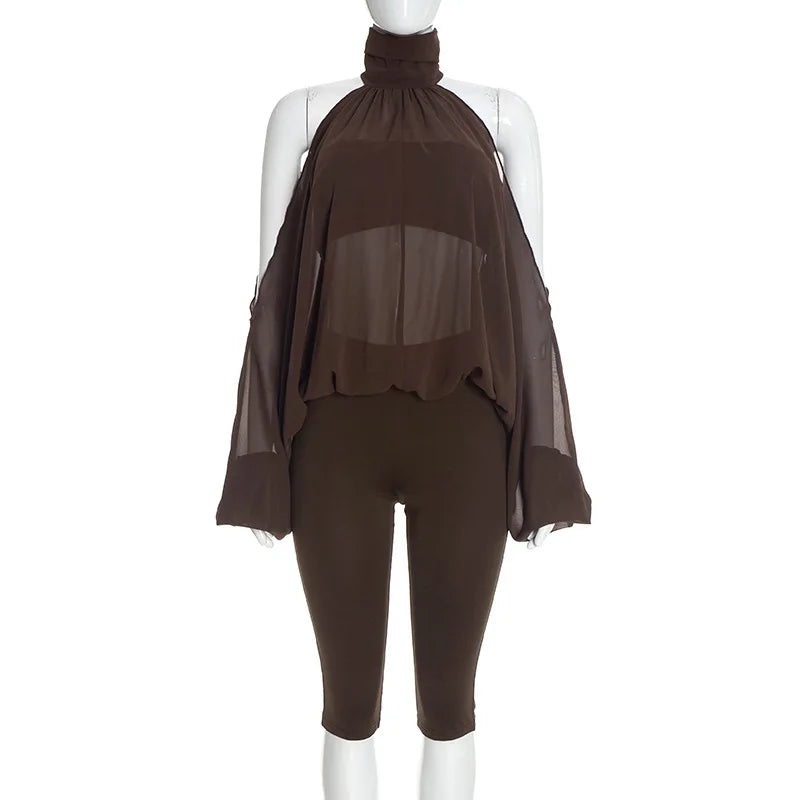 Turtleneck Sheer Chiffon Capris Set