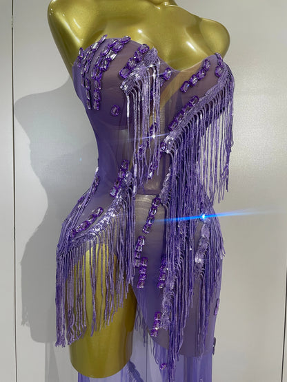 Purple Tassel Mesh Maxi Dress