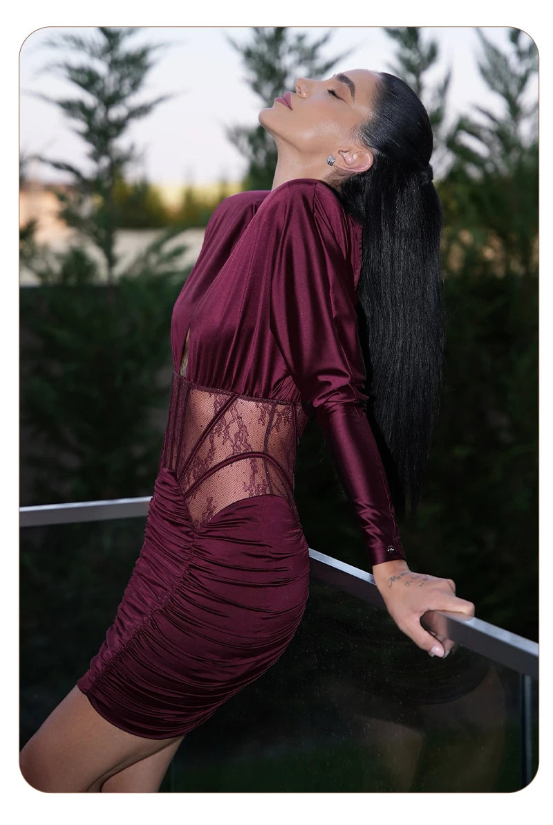 Burgundy Satin Corset Ruched Dress
