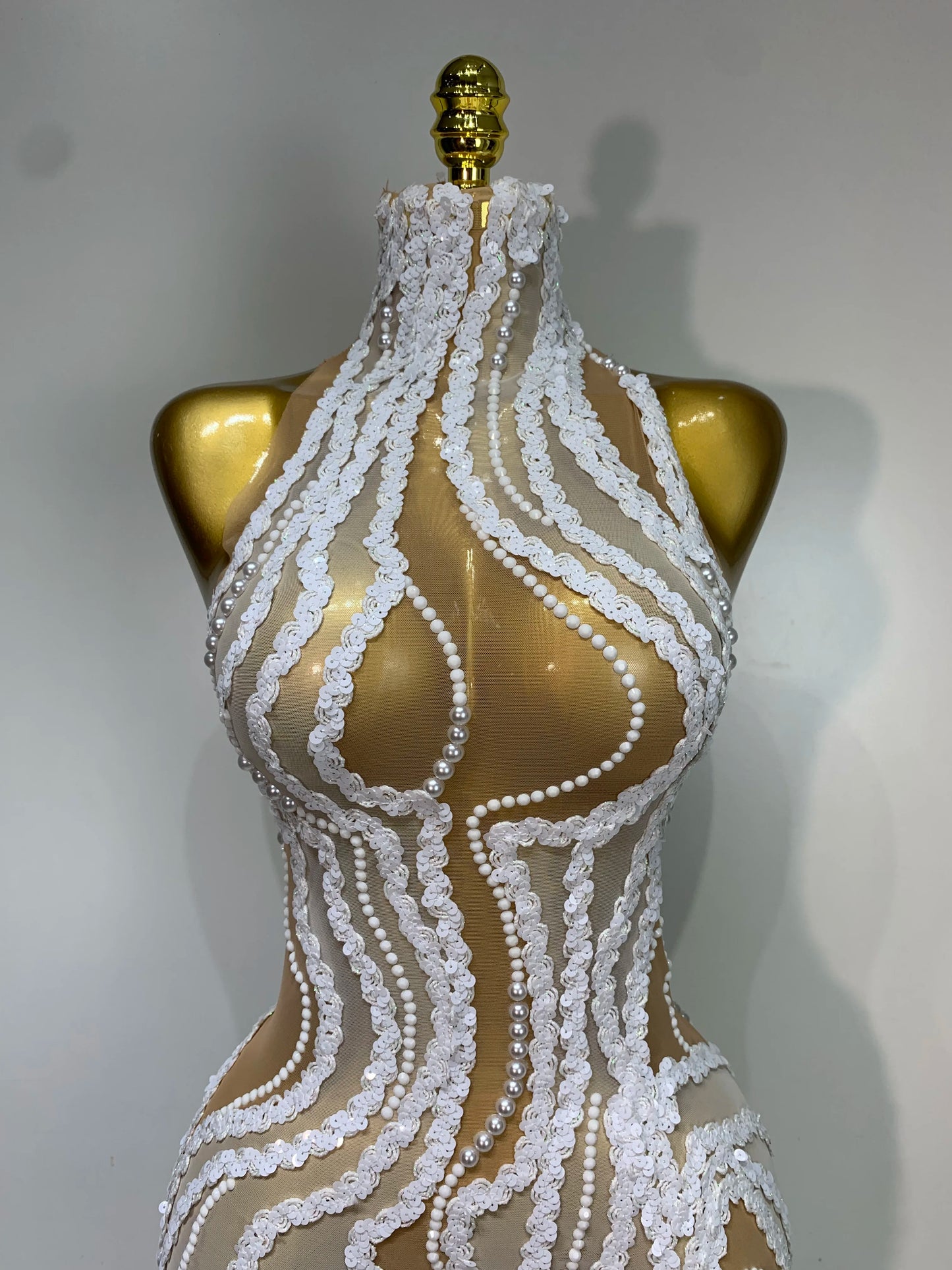 Pearl Sequined Mesh Maxi Dress