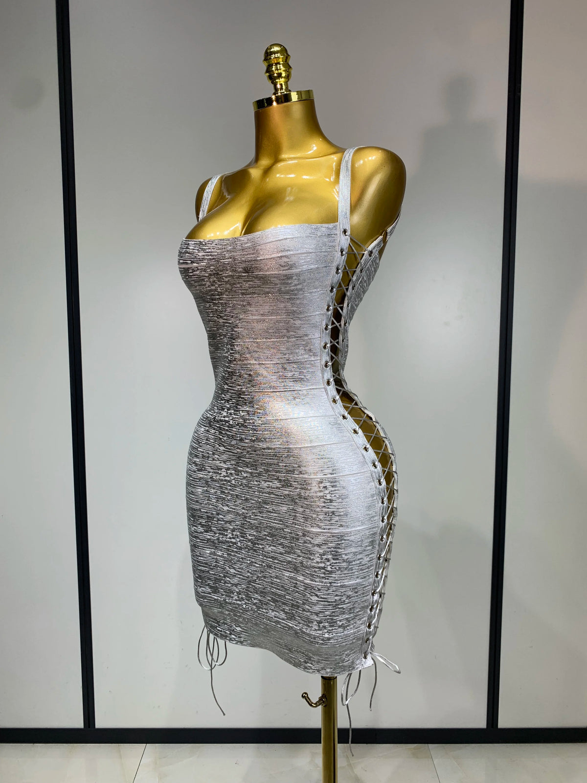 Metallic Side Lace Up Bandage Mini Dress