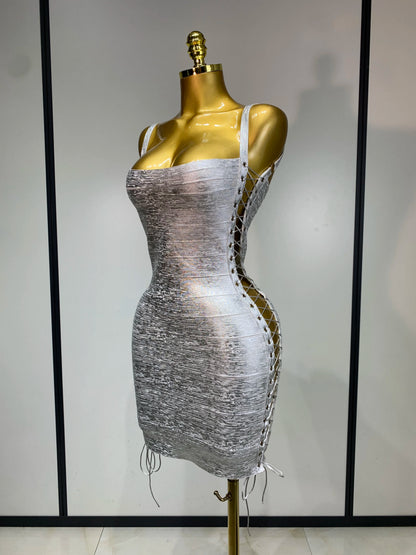 Metallic Side Lace Up Bandage Mini Dress