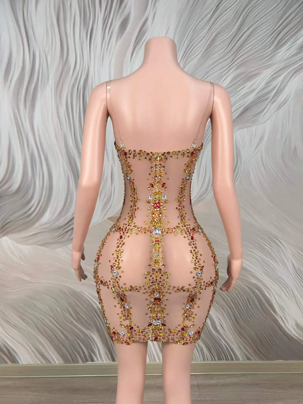 Jazzy Rhinestone Mesh Mini Dress
