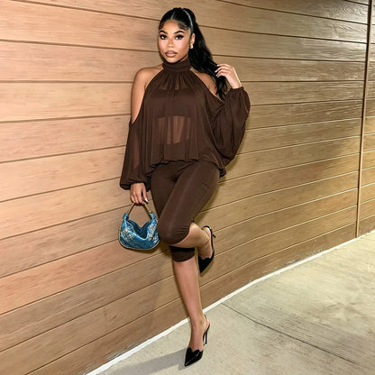Turtleneck Sheer Chiffon Capris Set