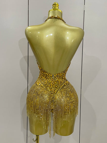 Golden Rhinestone Mesh Bodysuit