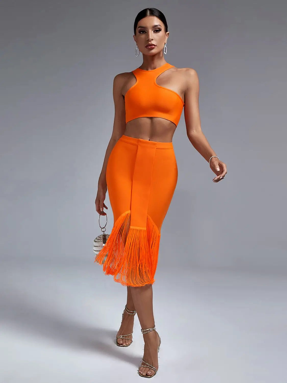 Orange Fringed Bandage Skirt Set