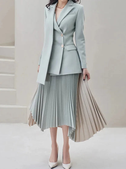 Asymmetric Contrast Pleated Blazer Skirt Set