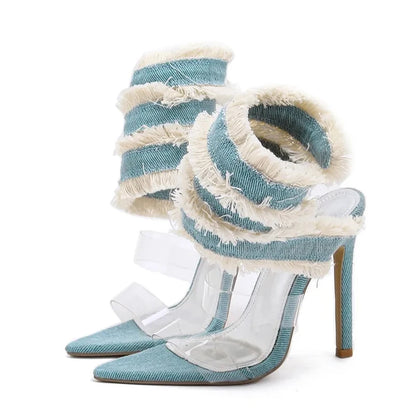 Denim Ankle Strap Heels