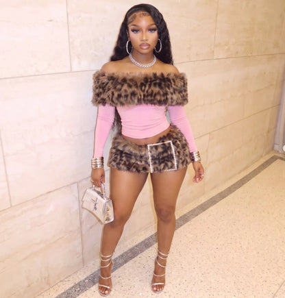 Leopard Fur Mini Skirt Set
