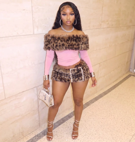 Leopard Fur Mini Skirt Set