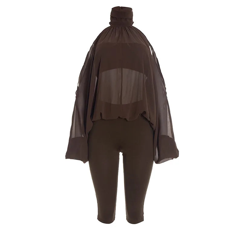 Turtleneck Sheer Chiffon Capris Set