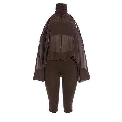 Turtleneck Sheer Chiffon Capris Set