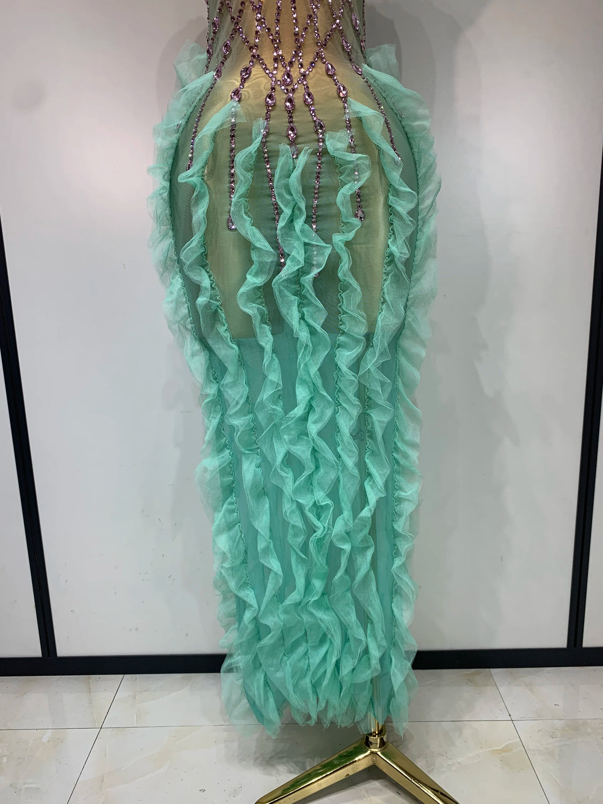 Gaelle Mesh Ruffled  Maxi Dress
