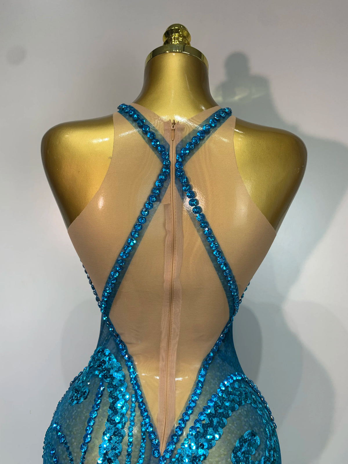 Blue Rhinestone Sequins Mesh Maxi Dress