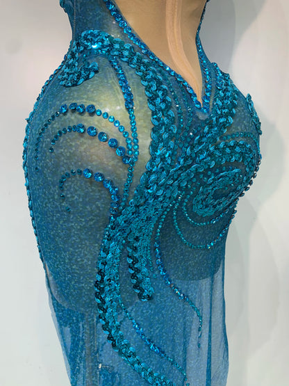 Blue Rhinestone Sequins Mesh Maxi Dress