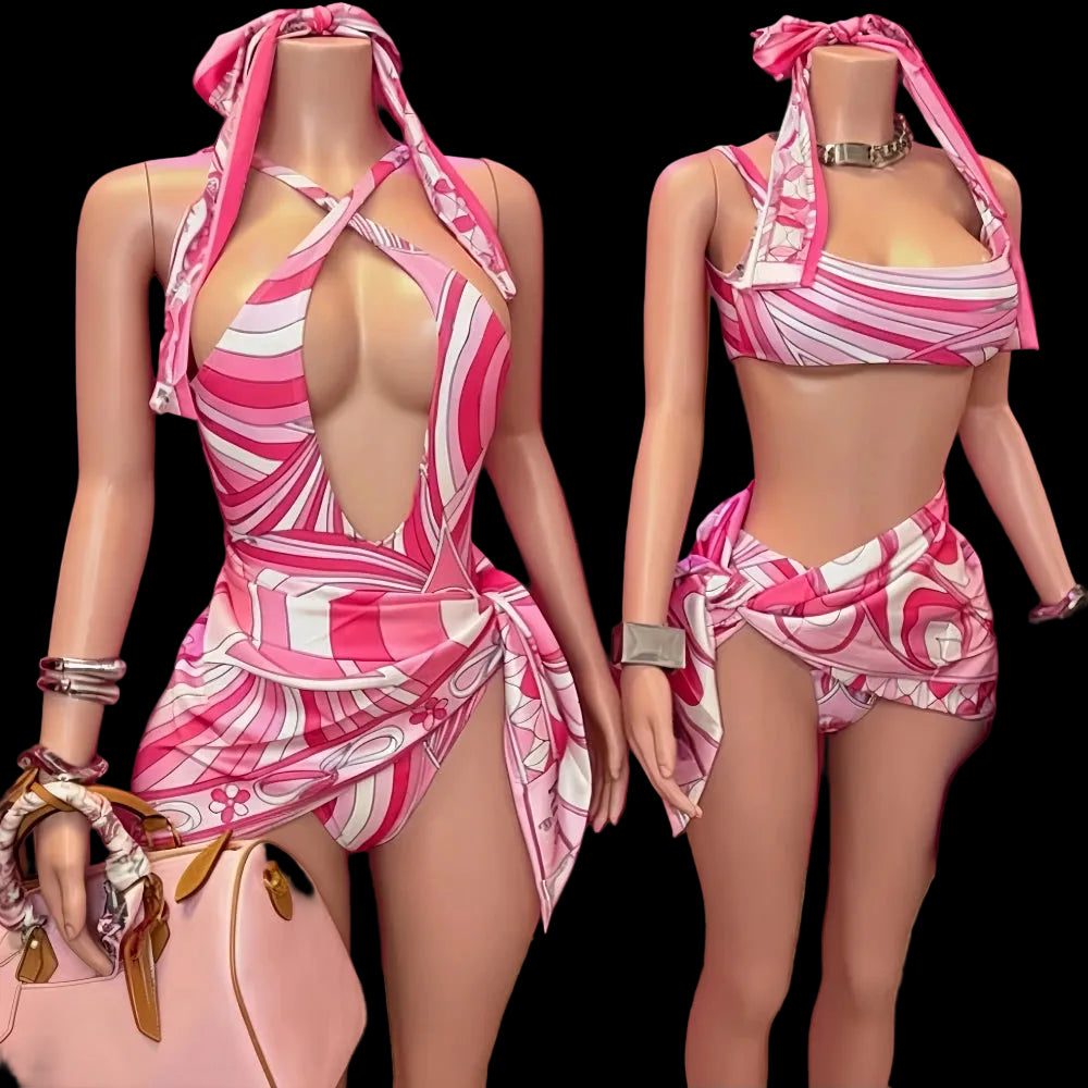 Pink Abstract Print Bikini Set